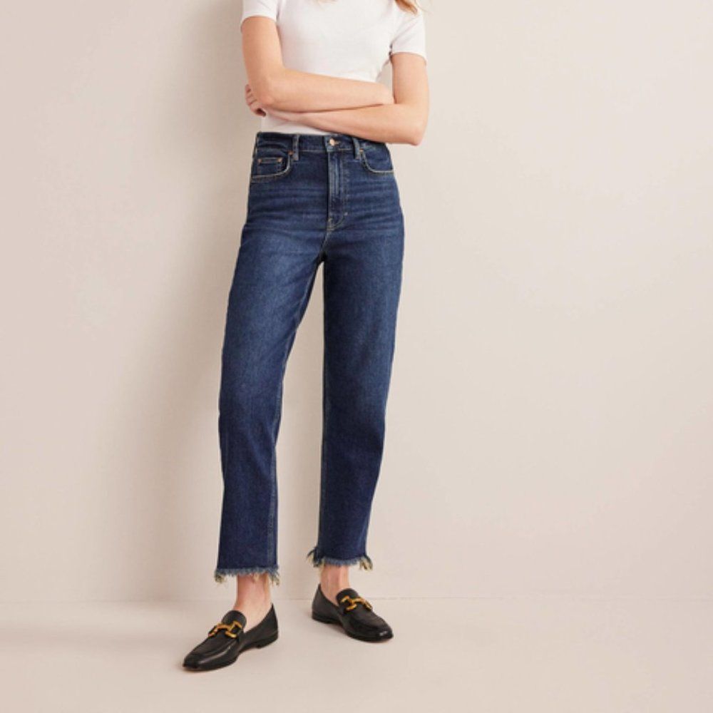 Boden High Rise Classic Slim Leg Jeans Medium Wash Denim Frayed Hem Sz 31
